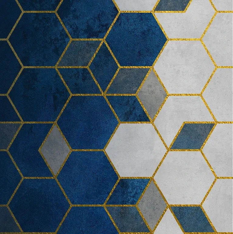 Abstract geometric pattern with blue, gray, and white hexagons outlined in gold, transitioning from dark to light across the image.