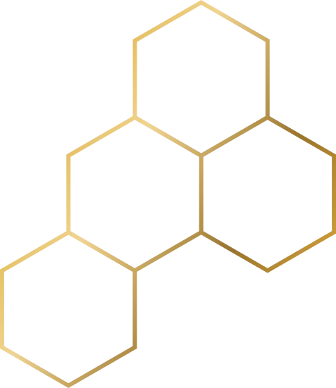 Abstract graphic of five connected golden hexagons forming a honeycomb pattern on a transparent background.