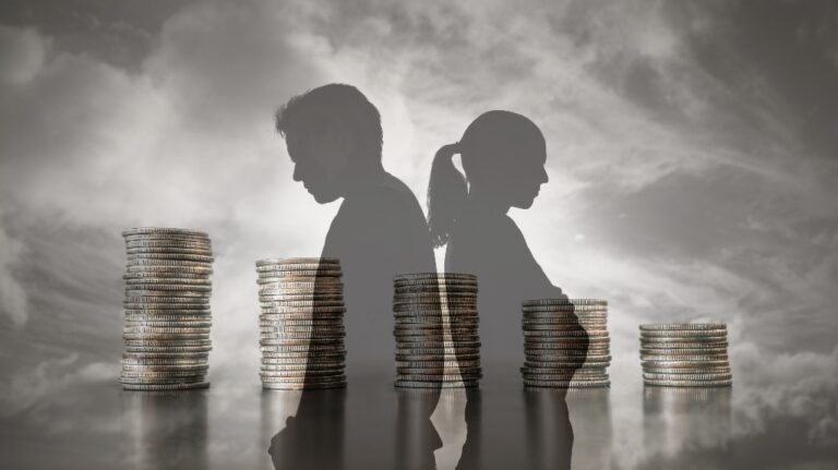 figures of a couple standing back to back against a background of coins